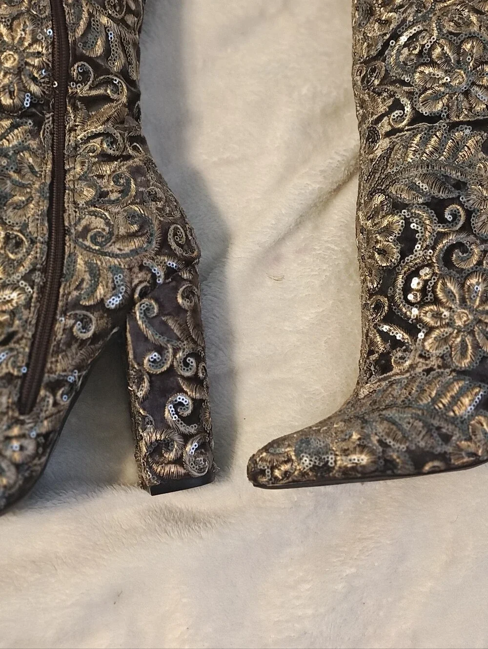 Womens Over-the-Knee Embroidered Floral Boots - Black and Gold